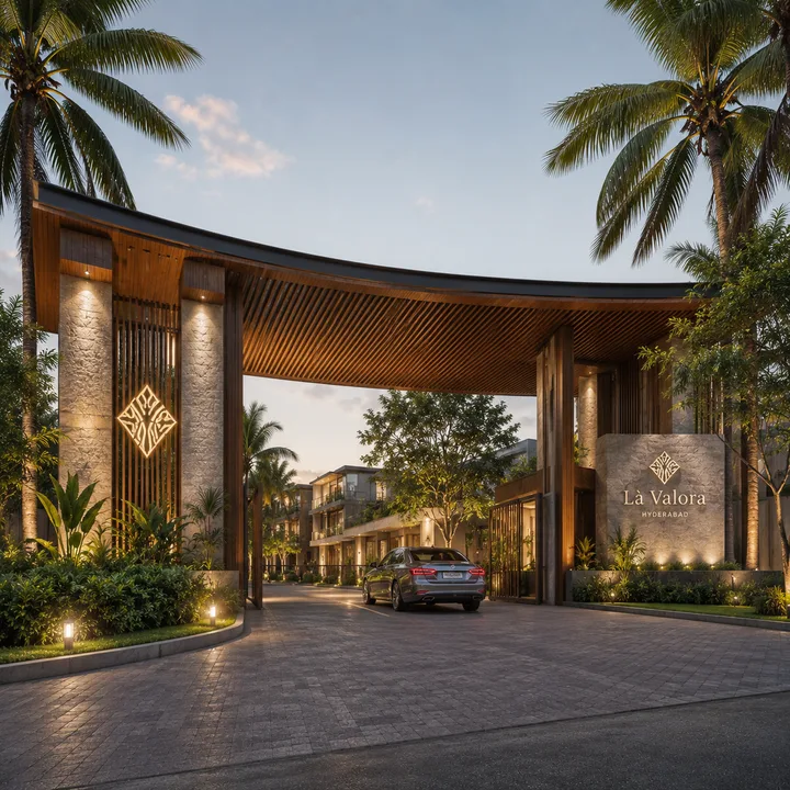 Revasa Là Valora arrival gateway and porte-cochère with the Là Valora monogram and landscaped entrance drive Revasa Là Valora arrival gateway and porte-cochère with the Là Valora monogram and landscaped entrance drive
