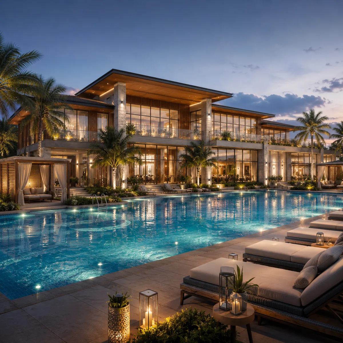 Revasa Là Valora 84,000 sq ft clubhouse and temperature-controlled swimming pool deck at dusk Revasa Là Valora 84,000 sq ft clubhouse and temperature-controlled swimming pool deck at dusk