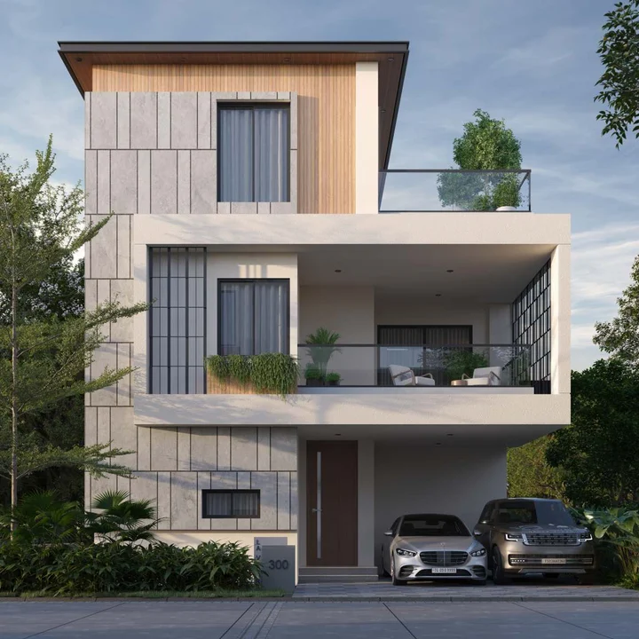 Revasa Là Valora G+2 villa front elevation with stone cladding, a timber-clad top floor, terrace and parking bay