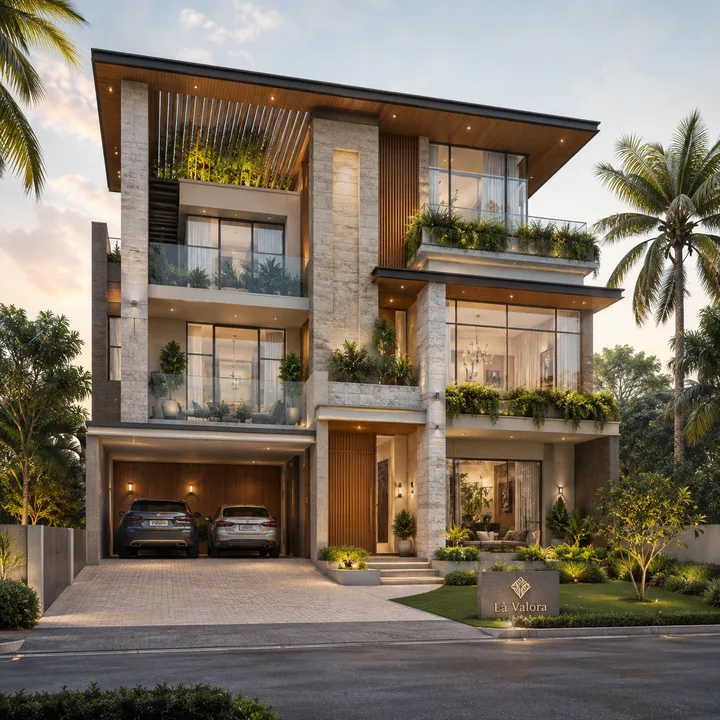 Revasa Là Valora contemporary G+2 villa facade with natural stone cladding, timber accents and planted balconies Revasa Là Valora contemporary G+2 villa facade with natural stone cladding, timber accents and planted balconies