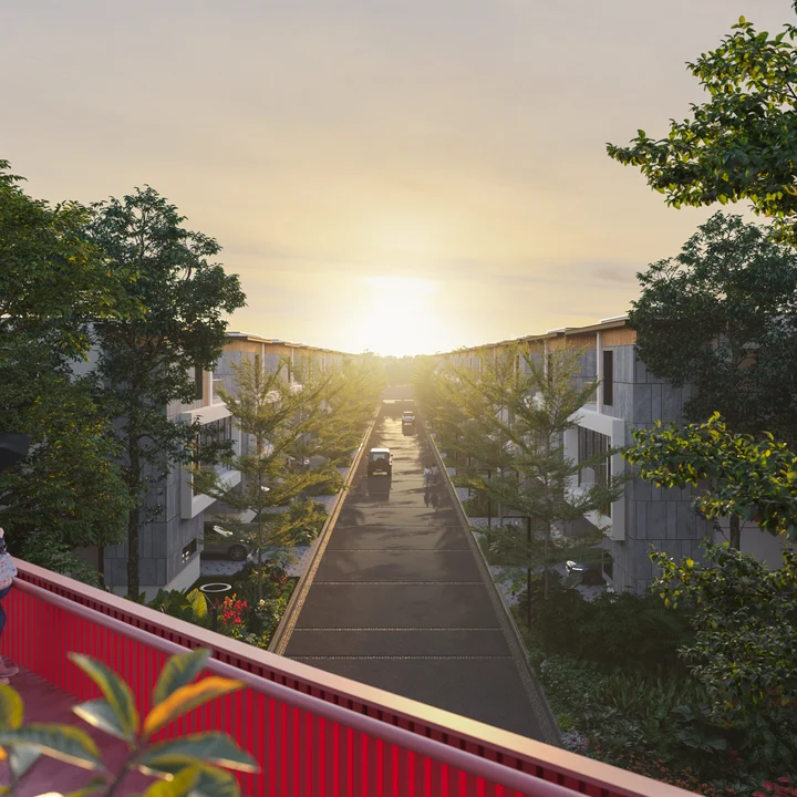 Revasa Là Valora tree-lined villa street at sunset seen from the railing of the elevated walkway