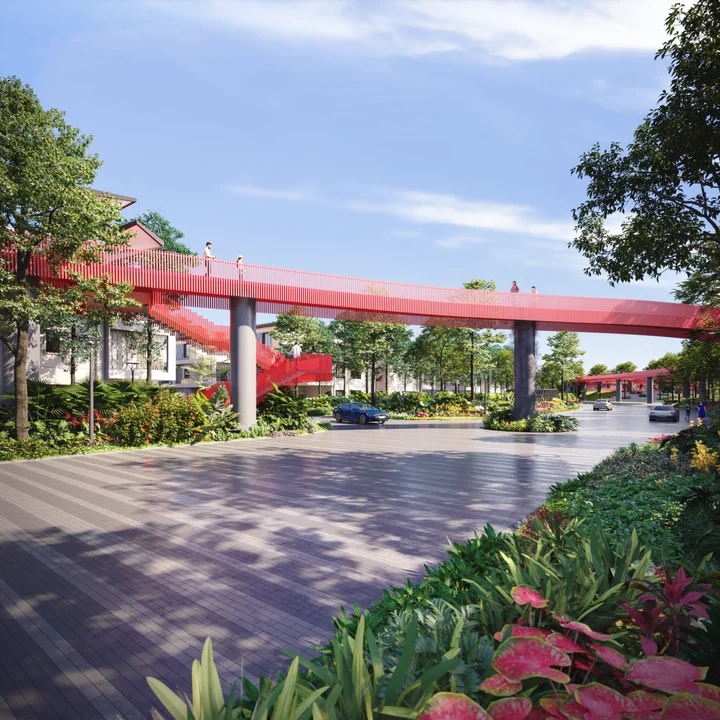 Revasa Là Valora elevated walkway bridge and staircase crossing the landscaped entrance boulevard