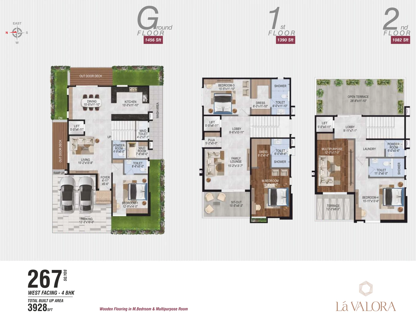Revasa Là Valora 4 BHK villa floor plan, 267 sq yd West facing, 3,928 sq ft built-up across ground, first and second floors Revasa Là Valora 4 BHK villa floor plan, 267 sq yd West facing, 3,928 sq ft built-up across ground, first and second floors