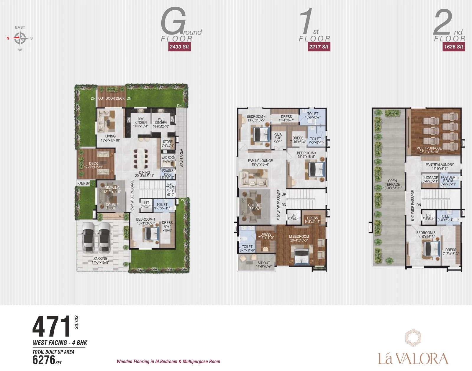 Revasa Là Valora 5 BHK villa floor plan, 471 sq yd West facing, 6,276 sq ft built-up across ground, first and second floors Revasa Là Valora 5 BHK villa floor plan, 471 sq yd West facing, 6,276 sq ft built-up across ground, first and second floors